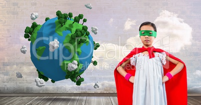 Superhero girl with sky clouds wall and planet earth world