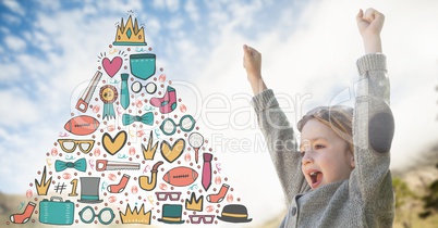 Girl celebrating under the sky with winning graphics in triangle
