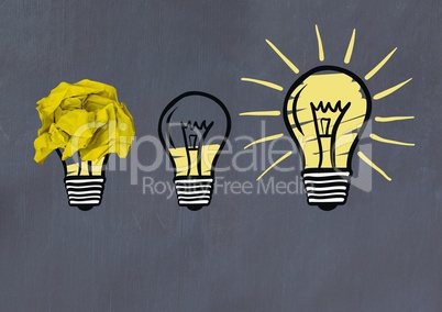 light bulbs with crumpled paper ball in front of blackboard