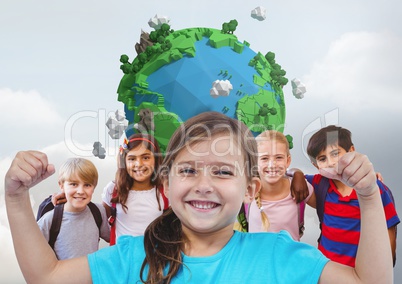 Girl flexing muscles with friends in front of grey background with planet earth world