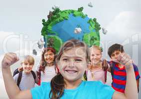 Girl flexing muscles with friends in front of grey background with planet earth world