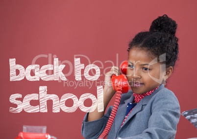 Office kid girl talking on the phone with back to school text against red background