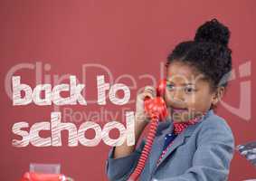 Office kid girl talking on the phone with back to school text against red background