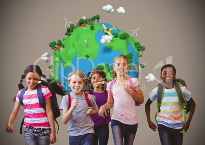 Running kids with planet earth world over blank brown background
