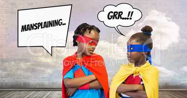 Mansplaining Superhero kids with cloudy sky wall and chat bubbles