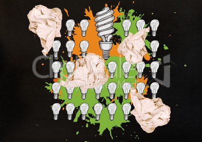 light bulbs with crumpled paper balls in front of blackboard