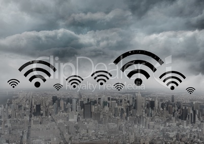 City with icons of wifi