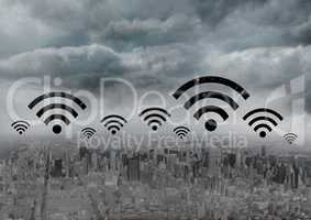 City with icons of wifi