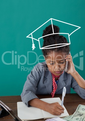 Office kid girl with graduation cap icon against green background