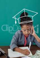 Office kid girl with graduation cap icon against green background