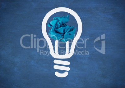 light bulb with crumpled paper ball in front of blackboard