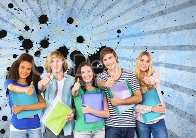 Happy young students holding folders against blue splattered background