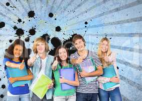 Happy young students holding folders against blue splattered background