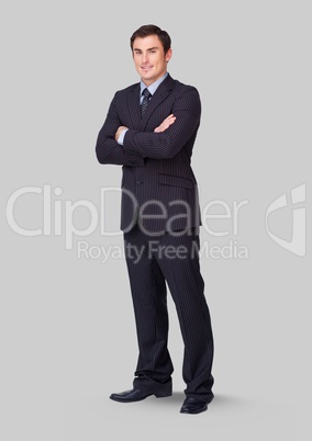 Full body portrait of man standing with grey background