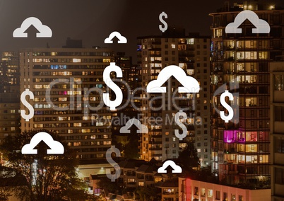 Dollar and upload icons in city