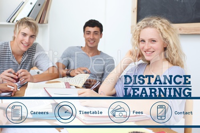 Education and distance learning text and icons and people sitting