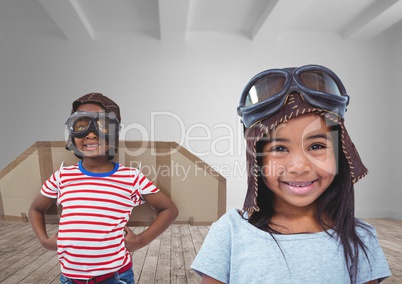 Pilot kids with blank room background