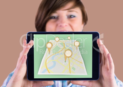 Girl Holding tablet and Map of City with  marker location pointers