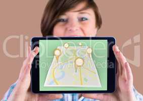 Girl Holding tablet and Map of City with  marker location pointers