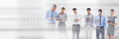 Business people using phones and tablets against white background