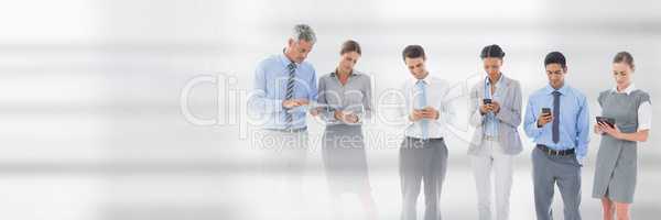 Business people using phones and tablets against white background