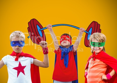 Superhero kids with blank yellow background