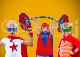 Superhero kids with blank yellow background