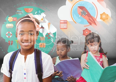 Kids reading books in front of grey room with colorful graphics