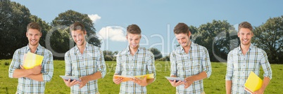 Happy student man collage against field background Happy student man collage against field background