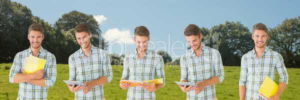 Happy student man collage against field background