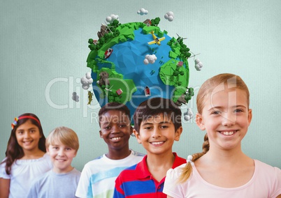 kids friends with blank grey background with planet earth world