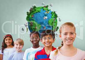 kids friends with blank grey background with planet earth world