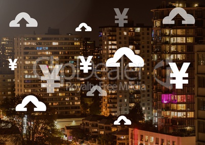 Yen and upload icons over city