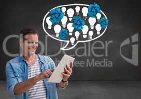Man on tablet standing next to light bulbs in chat bubble with crumpled paper balls in front of blac