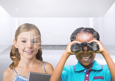 kids with binoculars with blank room background