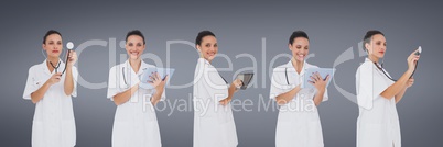 Doctor woman holding devices collage against blue background