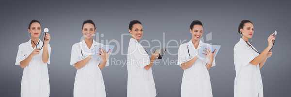 Doctor woman holding devices collage against blue background