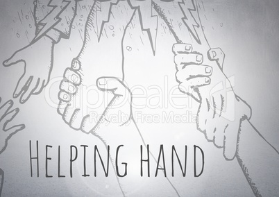 Helping hand reaching graphic drawings with bright background