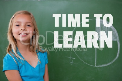 Education and time to learn text and girl standing  against a blackboard