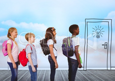 Kids with bags in front of sky clouds and door with bulb