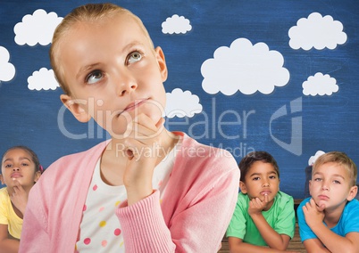 Girl thinking in front of friends and blue wall with clouds