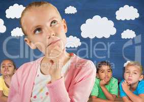 Girl thinking in front of friends and blue wall with clouds