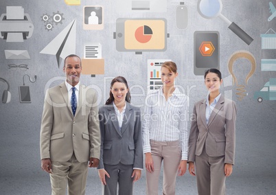 Group of business people standing in front of business and office graphics