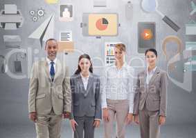 Group of business people standing in front of business and office graphics