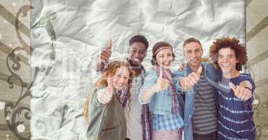 Happy young students standing against brown and white splattered background