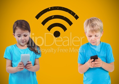 Texting kids with blank yellow background with wi-fi graphic