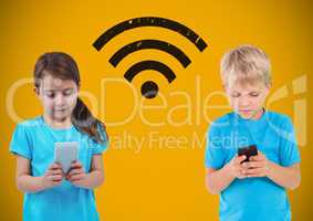 Texting kids with blank yellow background with wi-fi graphic