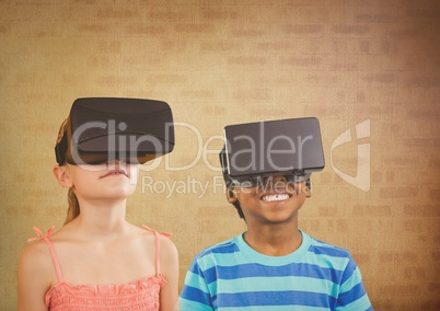 kids wearing VR headsets with brick background