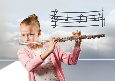 Girl playing the flute in front of clouds with music notes graphics