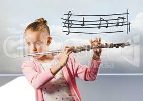 Girl playing the flute in front of clouds with music notes graphics